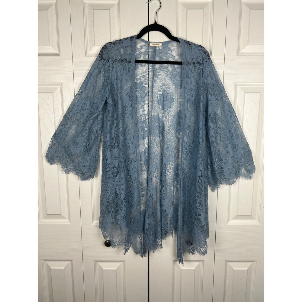 Paper + Tee Blue Lace Kimono Cardigan Boho Romantic Coquette Layering Piece M